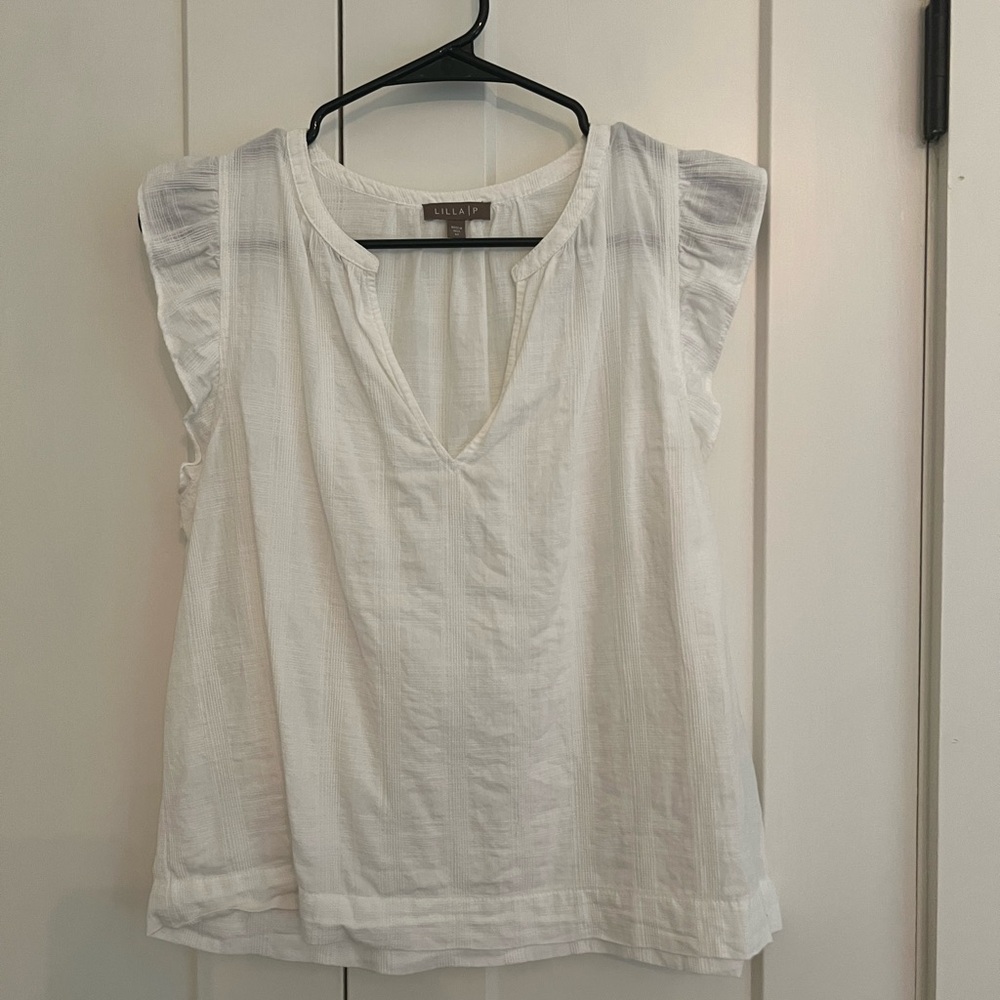 Lilla P White Ruffle Sleeve Top 100% Cotton EUC